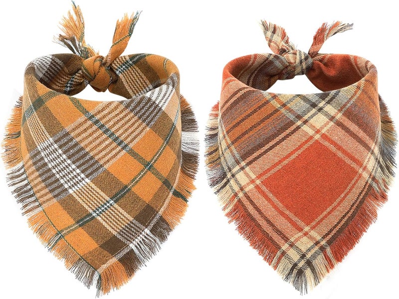 Vivifying Thanksgiving Dog Bandana, 2 Pack Classic Plaid Fall Dog Scarf with Tassels Edges, Funny Pet Apparel & Accessories Costume for Halloween Photo Prop, and Party Decor (Small, Yellow&Orange) - Image 1